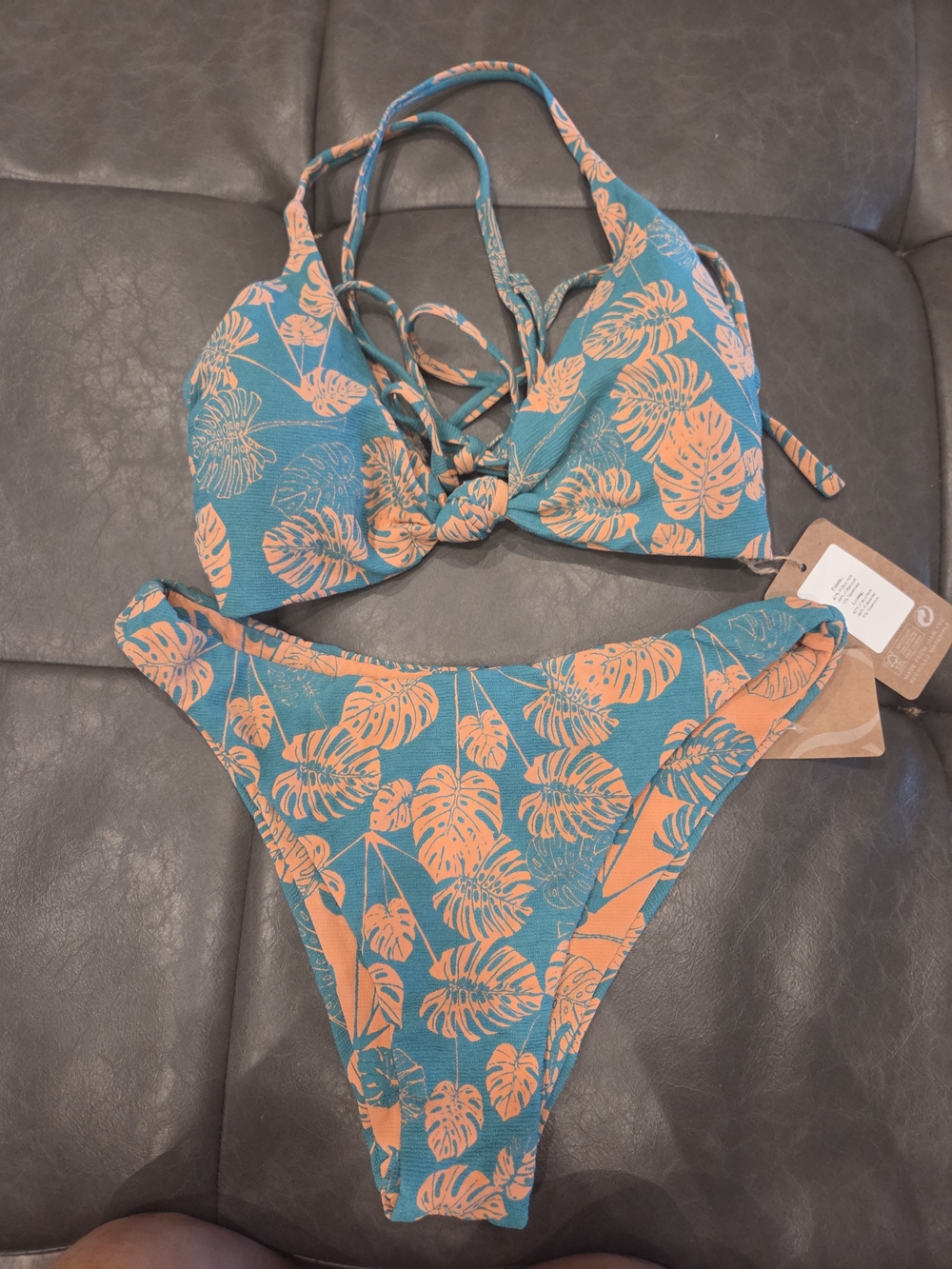 Tropical Leaf Lace-Up Halter Bikini - Teal & Coral